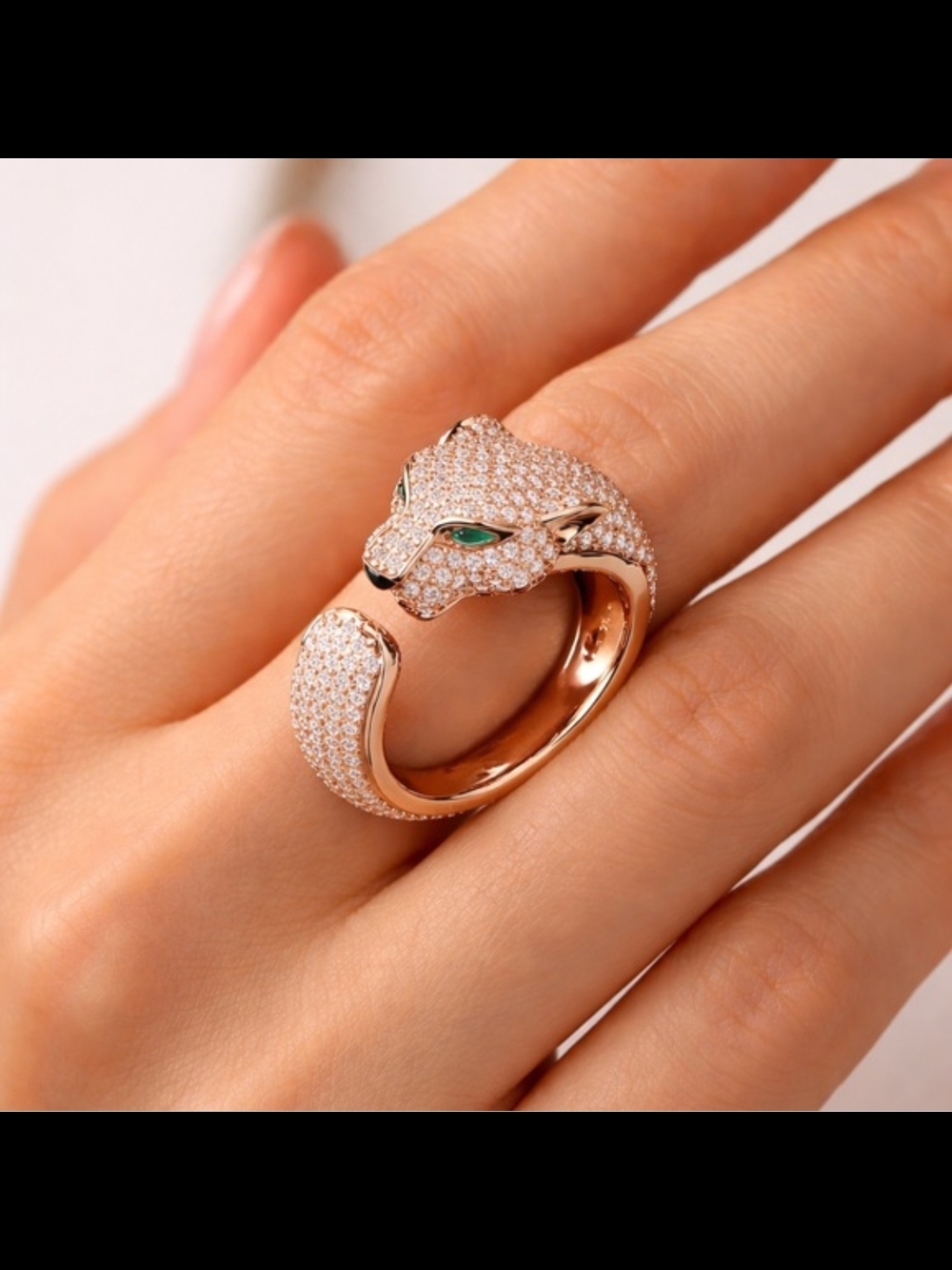 Vintage Rose Gold Panther Cuff Ring with Green Eyes - Women Jewelry - Picture 2 of 7